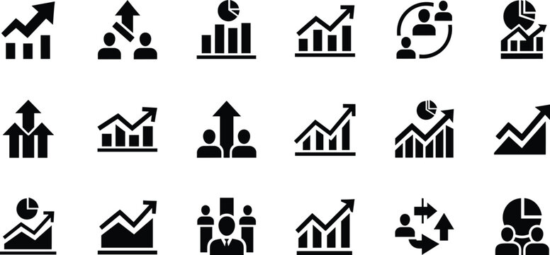 Black business growth and teamwork icon set with bar charts, pie charts, leadership symbols and upward arrows for corporate analytics dashboard design, Vector illustration.