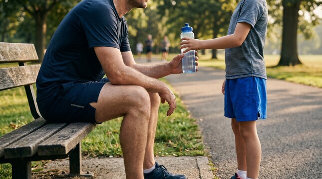 Father's Day celebration with dad and son having a water break during their run in the park