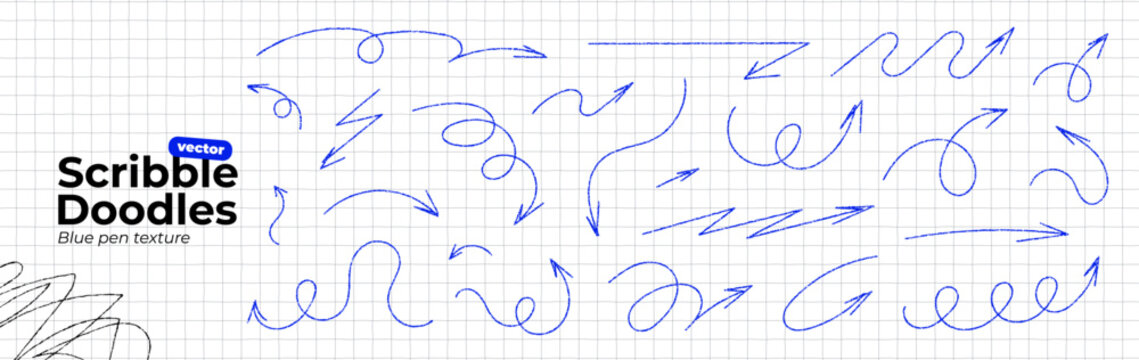 Blue pen arrows set on paper background. Hand drawn crayon scribble doodles. Curved and twisted thin arrows with pencil texture. Direction pointers. Vector illustration collection