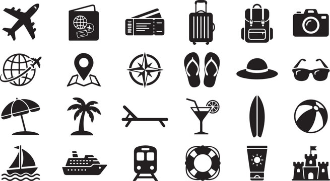 Travel icons set black silhouettes of vacation and tourism symbols on a white background high quality professional detailed modern elegant stylish clean crisp vibrant