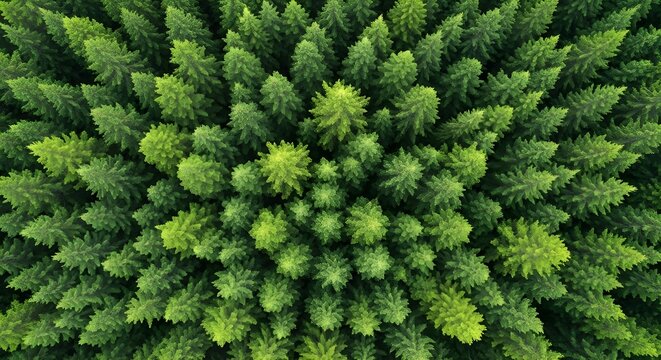 Aerial view of dense evergreen forest canopy lush green woodland