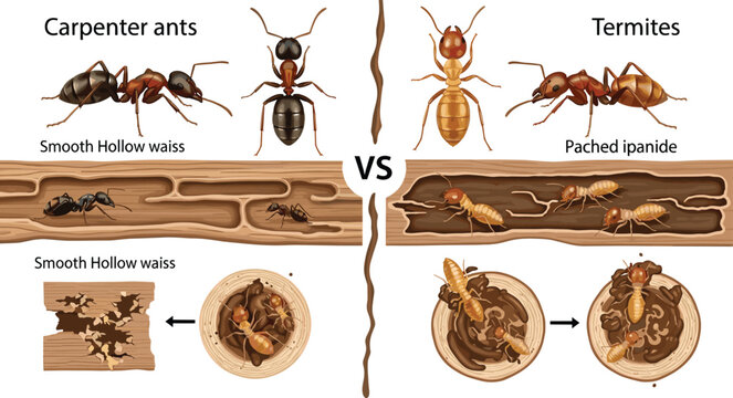 Carpenter ants versus termites comparison infographic showing differences in anatomy wood damage and nesting habits in residential homes.