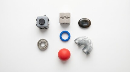 Fototapeta premium Top down view of various sensory fidget toys including cube and slinky on white background as concentration aids for ADHD mind