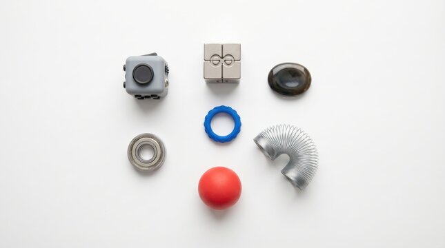 Top down view of various sensory fidget toys including cube and slinky on white background as concentration aids for ADHD mind