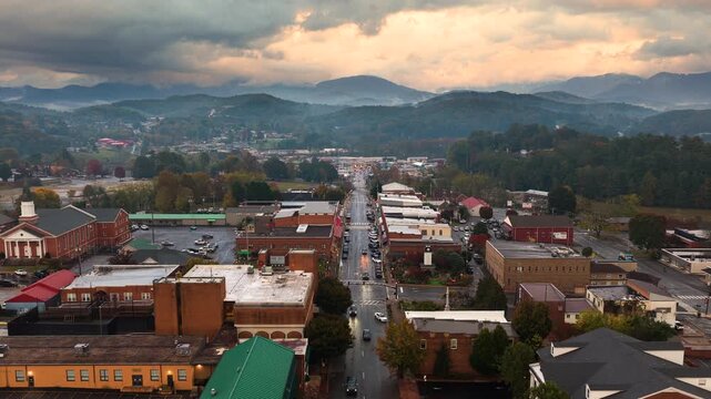 Evening over Franklin, North Carolina surrounded with dark forested hills of Appalachian mountains. USA travel destination.