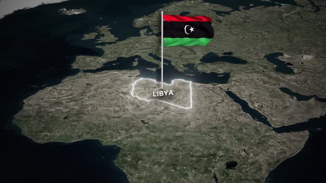Libya Map Glowing Border Animation with 3D Waving Flag on World Map