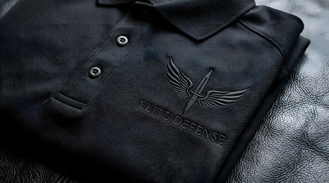 Black Polo Shirt with Embroidered Elite Defense Tactical Logo on Dark Leather Background