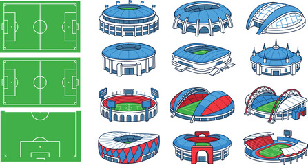Large collection of isometric sports stadium icons and soccer field top views for football championship event branding and architecture design. © fulbabu