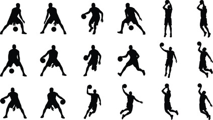Large collection of professional basketball player silhouettes in various action poses including dribbling jumping shooting and slam dunking. © fulbabu