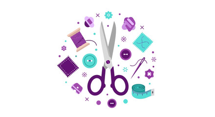 Fototapeta premium Sewing and Tailoring Tools Flat Vector Illustration with Scissors, Thread, Buttons, and Measuring Tape in Purple and Teal - Crafting and Needlework Concept