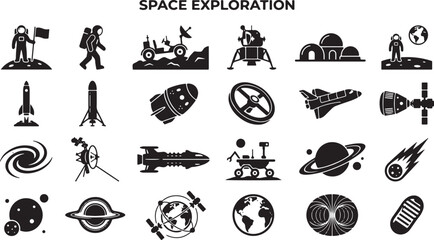 Space exploration icons set black silhouettes of astronauts rockets planets and space vehicles on white background high quality professional detailed modern elegant stylish clean © Neural Nexus