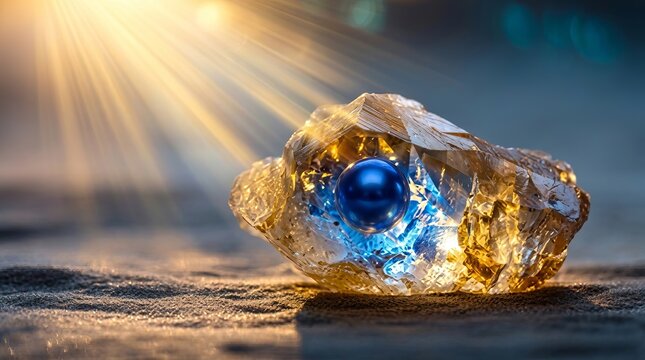 Glow of precious gem with inner blue pearl, illuminated by golden sunbeams