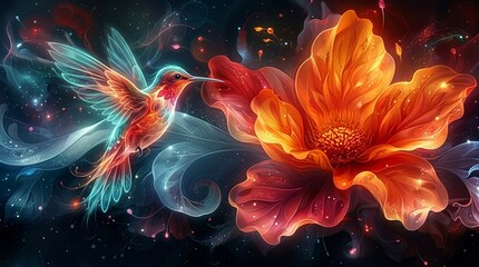 Fototapeta premium Magical hummingbird drinks nectar from a glowing, vibrant flower in a dreamlike fantasy landscape.