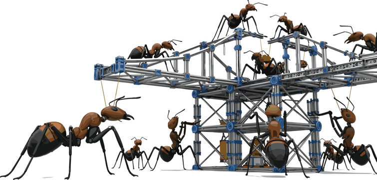 Ants building metal scaffolding structure concept for industrial teamwork construction and collective engineering isolated on white background.