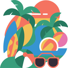 Colorful beach illustration featuring surfboards palm trees sunglasses and ball © MD. MASUD R ANA