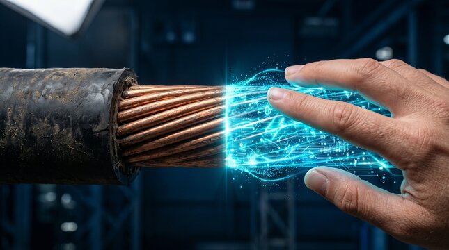 Cinematic close up of a heavy copper cable transforming into glowing blue digital energy touched by a hand representing digital transformation and smart grid technology