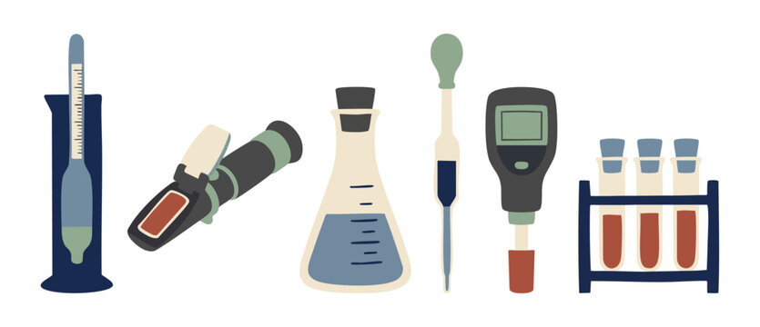 Laboratory Equipment Icons Set: Hydrometer, Refractometer, Beaker, Pipette, and Test Tubes for Scientific Research, Medical Testing, Chemical Analysis, and Modern Educational Laboratory Supplies Conce