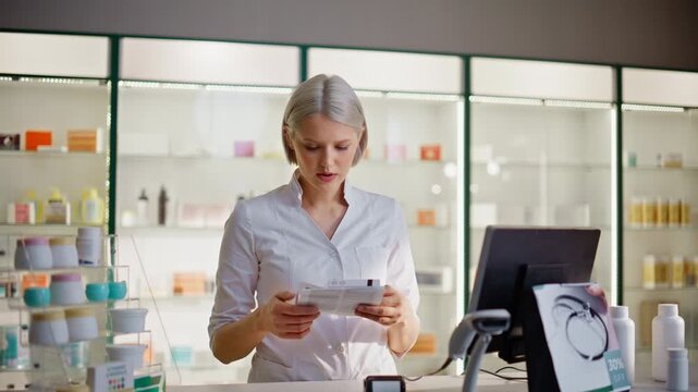 Pharmacy seller working computer holding prescriptions in store cashier closeup