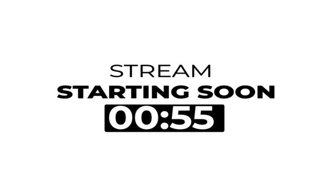 Stream starting soon overly animation with 1 min coundown and looping in white background for twitch streamers.