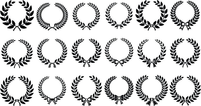 Black laurel wreath collection vector set, decorative award badge frames with ribbon variations, vintage victory emblem circles isolated on white background