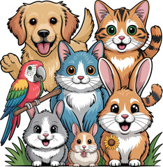 Naklejka premium Cute domestic animals illustration featuring dog cat rabbits parrot and hamster