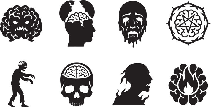 Brain, skull, zombie icons, vector set, black silhouettes, creepy symbols, horror elements