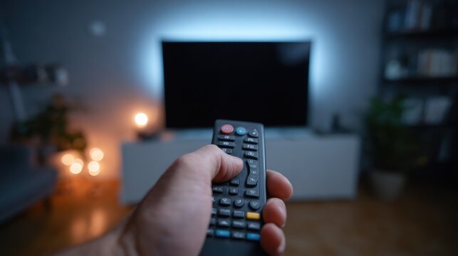 Hand Holding Remote Control Watching TV
