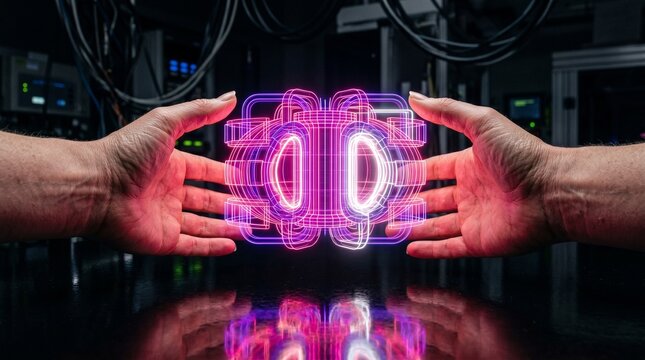 Cinematic close-up of hands holding a glowing holographic futuristic engine core representing quantum computing and advanced engineering