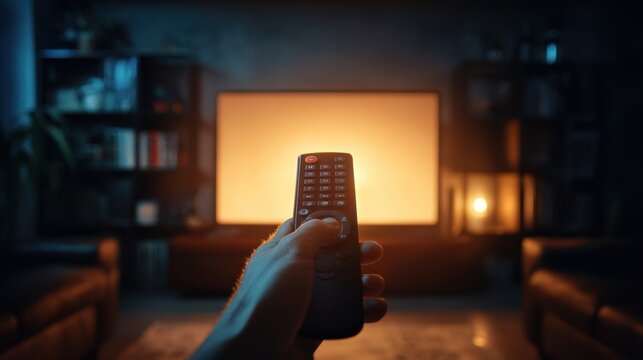 Hand Holding Remote Control in Front of TV