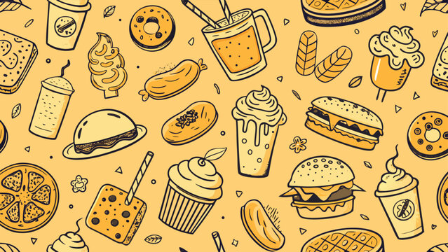 Doodle style food and drink pattern in yellow and orange.