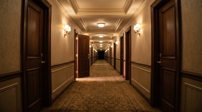 A long empty luxury hotel corridor with identical closed doors and soft warm lighting