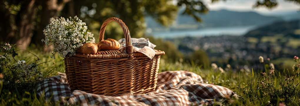 The perfect environment for relaxing and spending the weekend on green grass with a picnic basket set against the backdrop of the landscape.