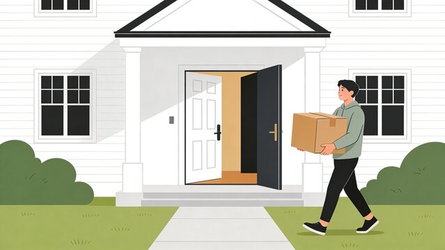 A young man carrying a box into a new home, symbolizing moving in, home purchase, and new beginnings in real estate.