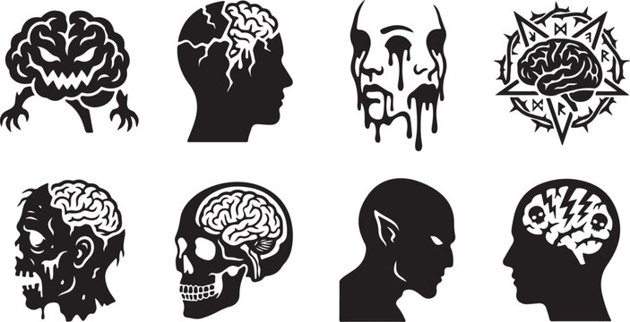 Black silhouette head icons, brain and skull illustrations, creepy monster faces, vector graphics