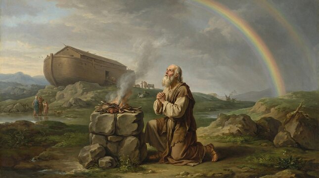 Elderly patriarch Noah kneels in humble prayer before a stone altar with smoke rising upward as a brilliant rainbow appears in the vast clearing sky above