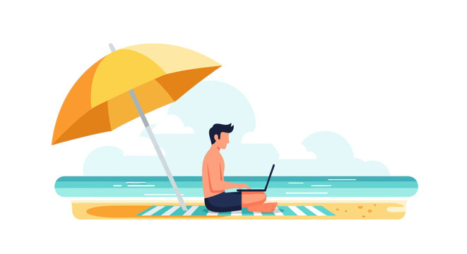 Digital Nomad Man Working on Laptop at the Beach Illustration - Remote Work and Freelance Lifestyle Concept