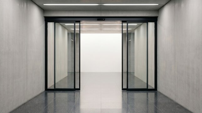 A perfectly clean modern automatic sliding glass door in a minimalist underground passageway