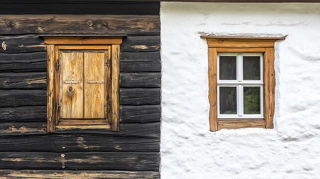 Contrast of old wooden log wall with shutters and white plastered wall with glass window
