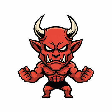 Angry Red Cartoon Devil Character With Horns And Muscular Body.
