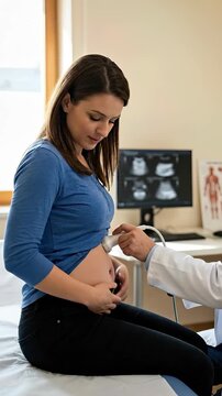 Female patient receiving abdominal ultrasound examination, medical diagnostic imaging procedure for digestive health, gallbladder disease investigation, healthcare clinic setting