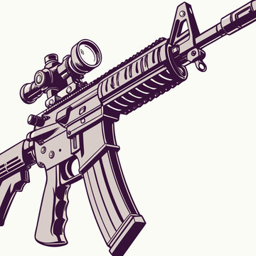 Detailed illustration of a modern assault rifle with tactical scope and magazine