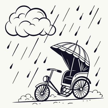 Cycle rickshaw with an umbrella canopy under a rain cloud in heavy rainfall