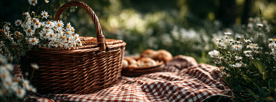 A picnic duvet with an empty basket is placed on the blossoming meadow.