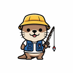 Naklejka premium Cute cartoon otter wearing fishing vest and hat holding fishing rod.