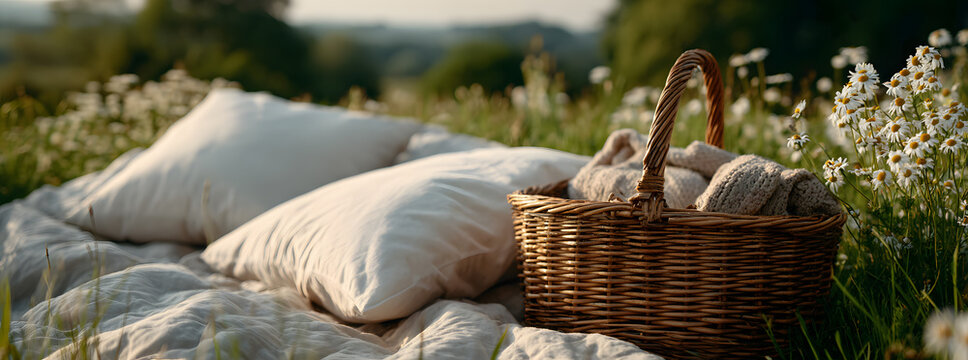 Picnic on a natural meadow with an empty basket and a duvet.
