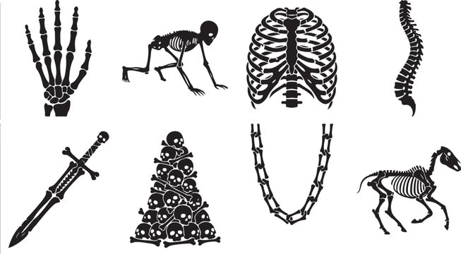 Black skeleton icons, creepy bone symbols, human ribcage, spine, hand, sword, skull pile, chain, camel silhouette, death symbols, vector graphics