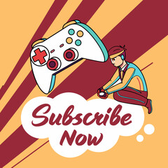 Cartoon gamer with video game controller and subscribe button © Stock Master BD