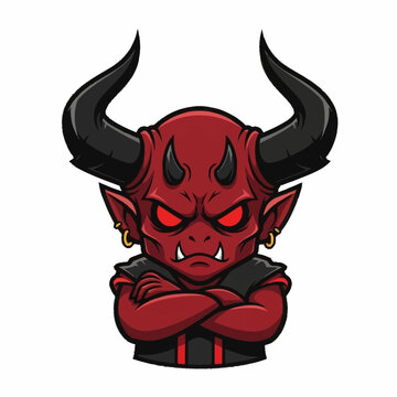 Cute Red Devil Cartoon Character with Horns and Angry Eyes.