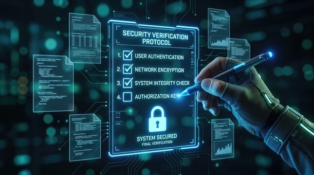 Cybersecurity protocol verification process with glowing blue checklist