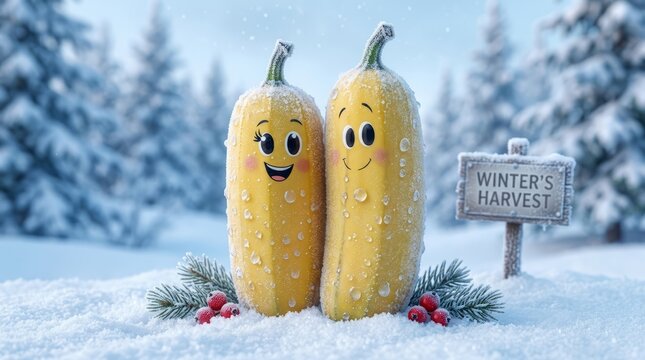 Two cheerful cartoon squash with happy faces stand together in a snowy winter landscape.
